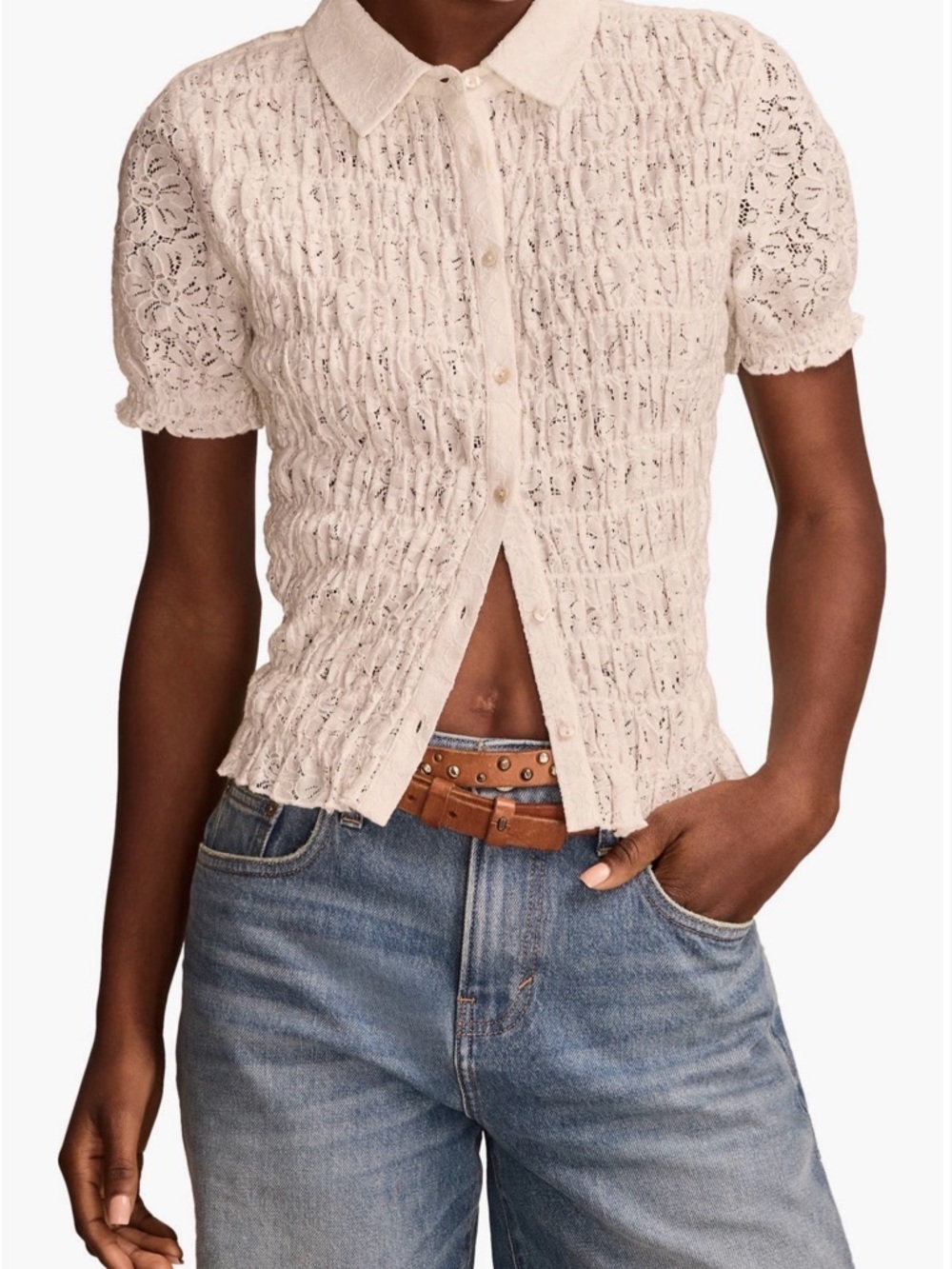 Lucky Brand Button-Front Lace Knit Short Sleeve Top